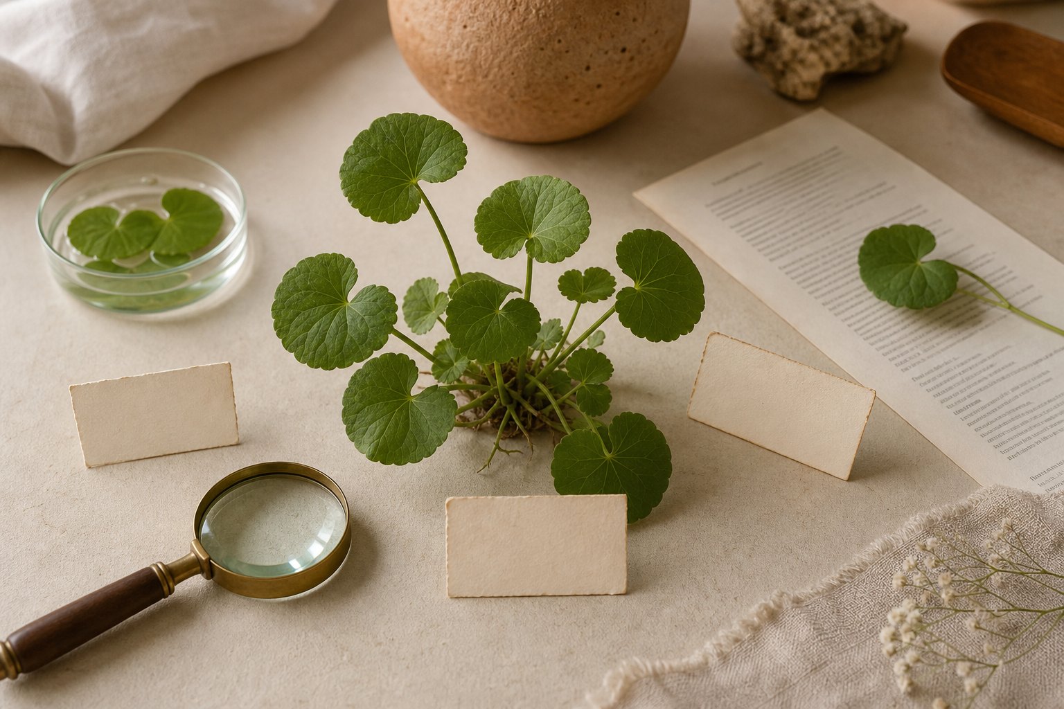 Centella asiatica plant with blank labels explaining cica and tiger grass terminology