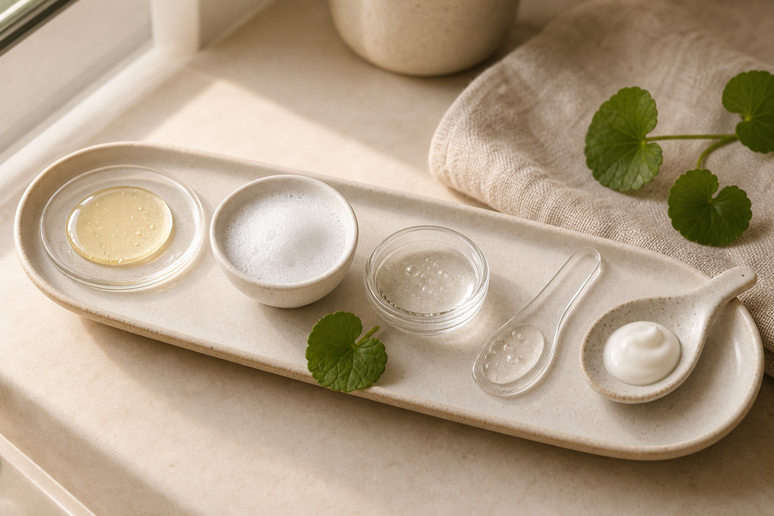Korean-inspired skincare texture layering scene without branded products