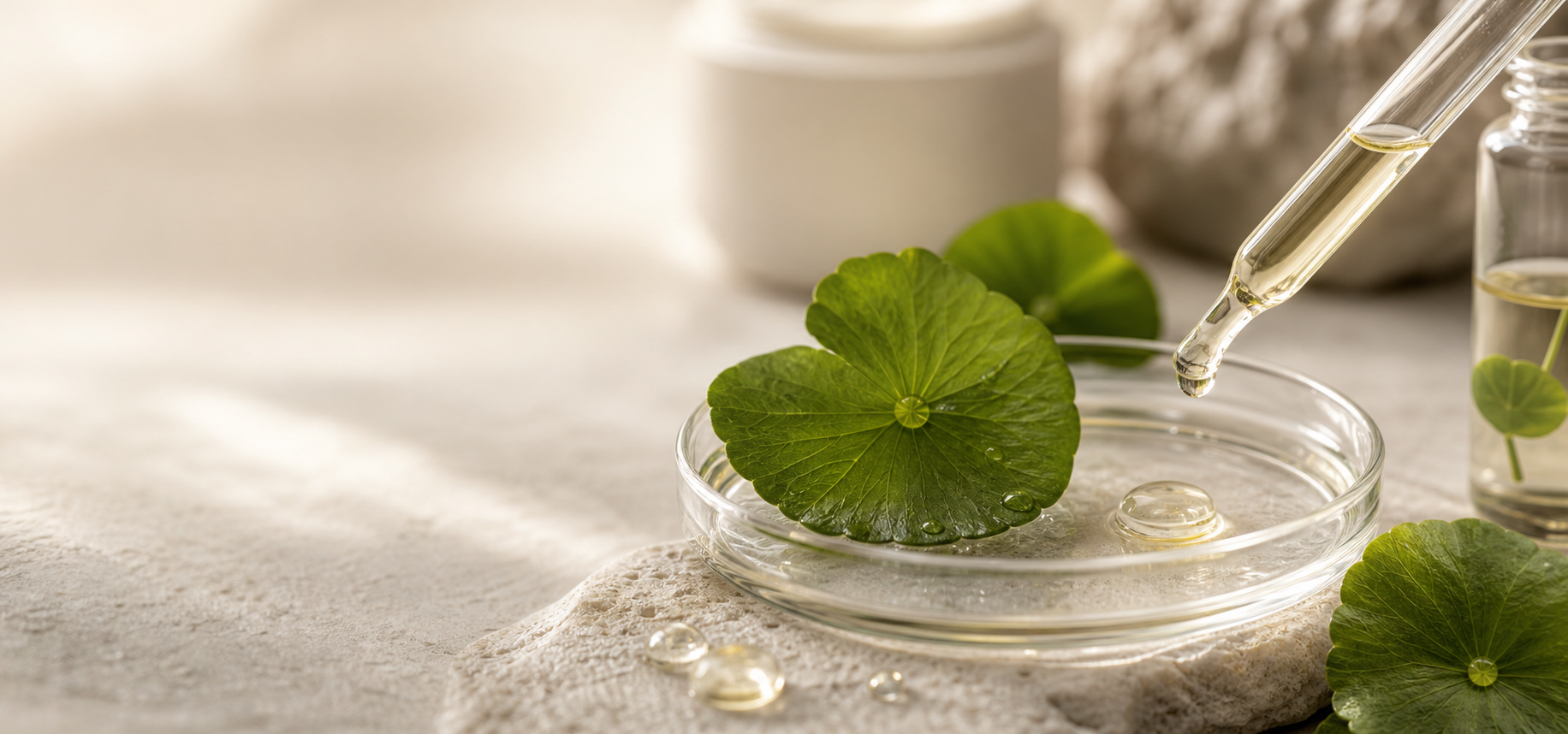 Veridermis lab scene with Centella extract and skincare texture