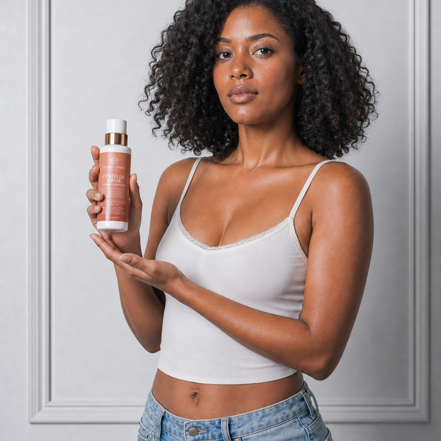 Centella Toner with model with shoulder-length curly hair