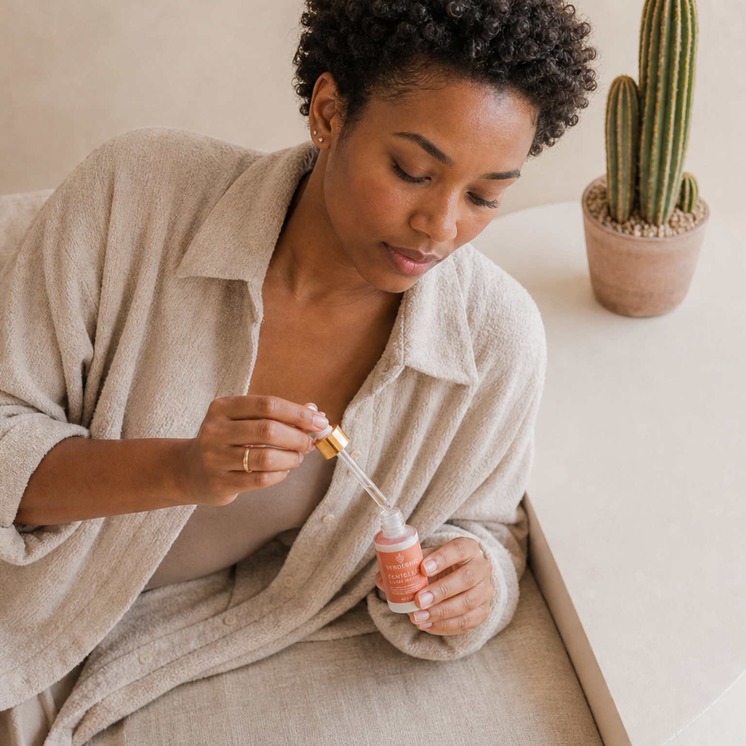 Centella Face Serum with model with short natural curls