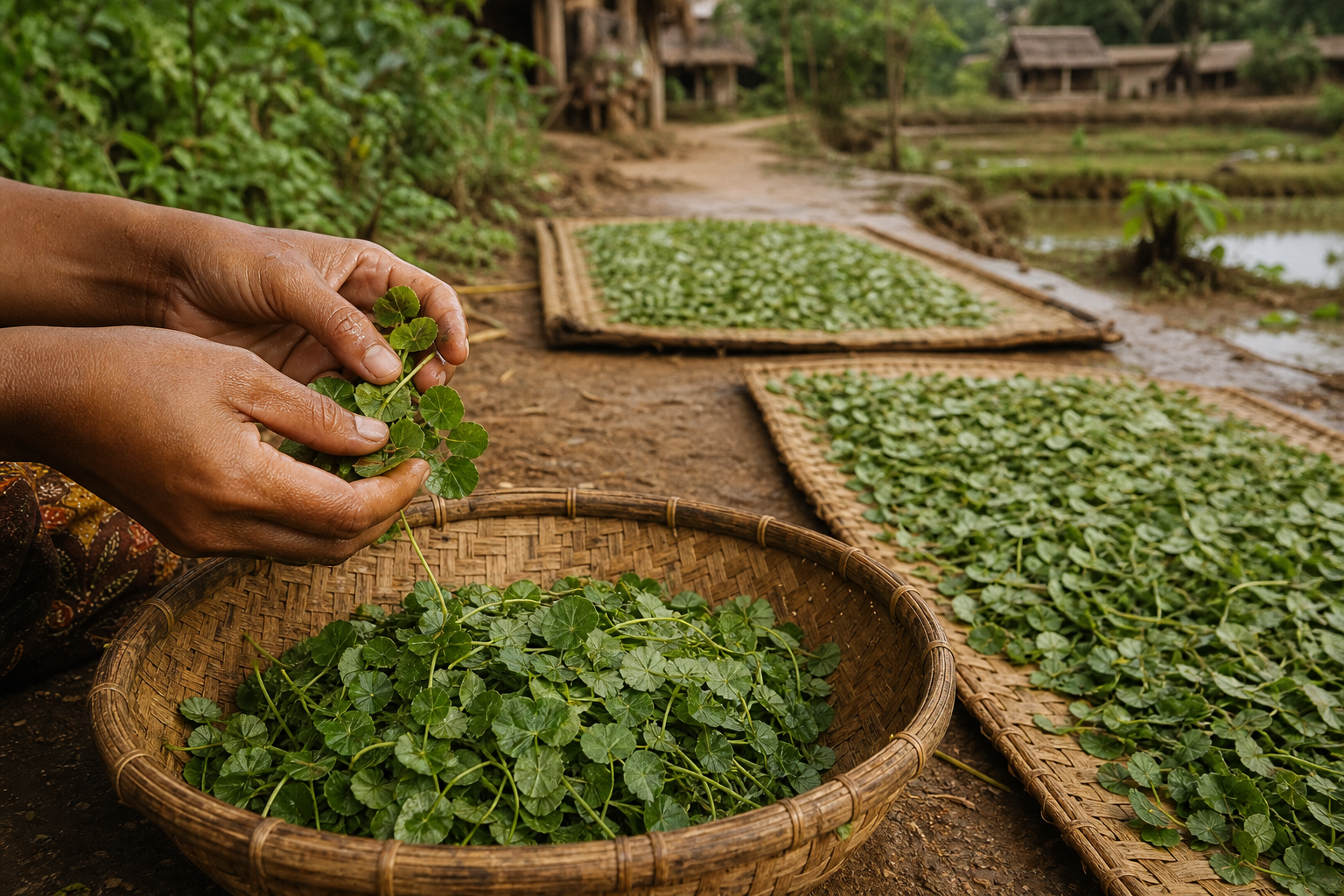Hands sorting Madagascar Centella leaves into a woven basket