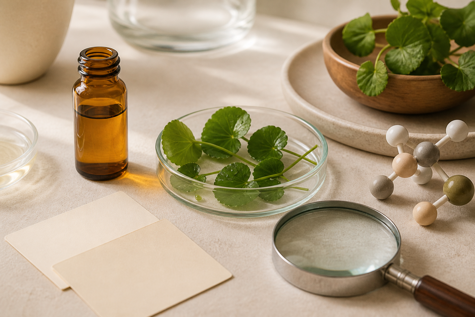 Madecassoside and Centella extract educational lab still life with blank cards