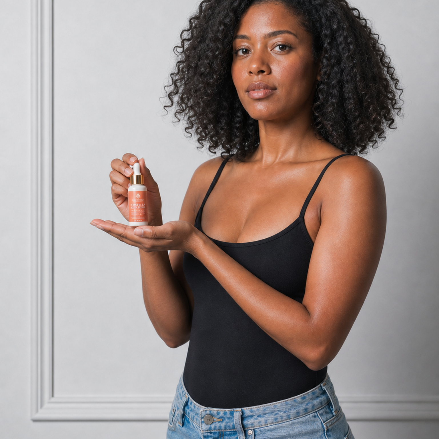 Centella Face Serum with model with shoulder-length curly hair
