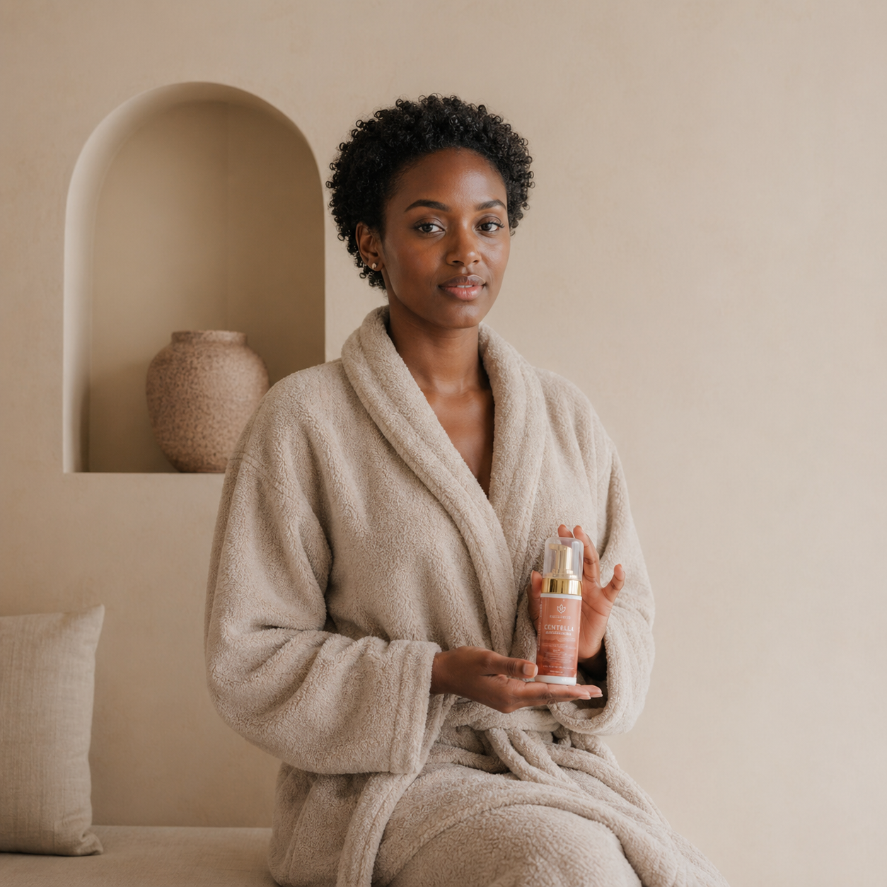 Centella Cleansing Foam with model with short natural curls
