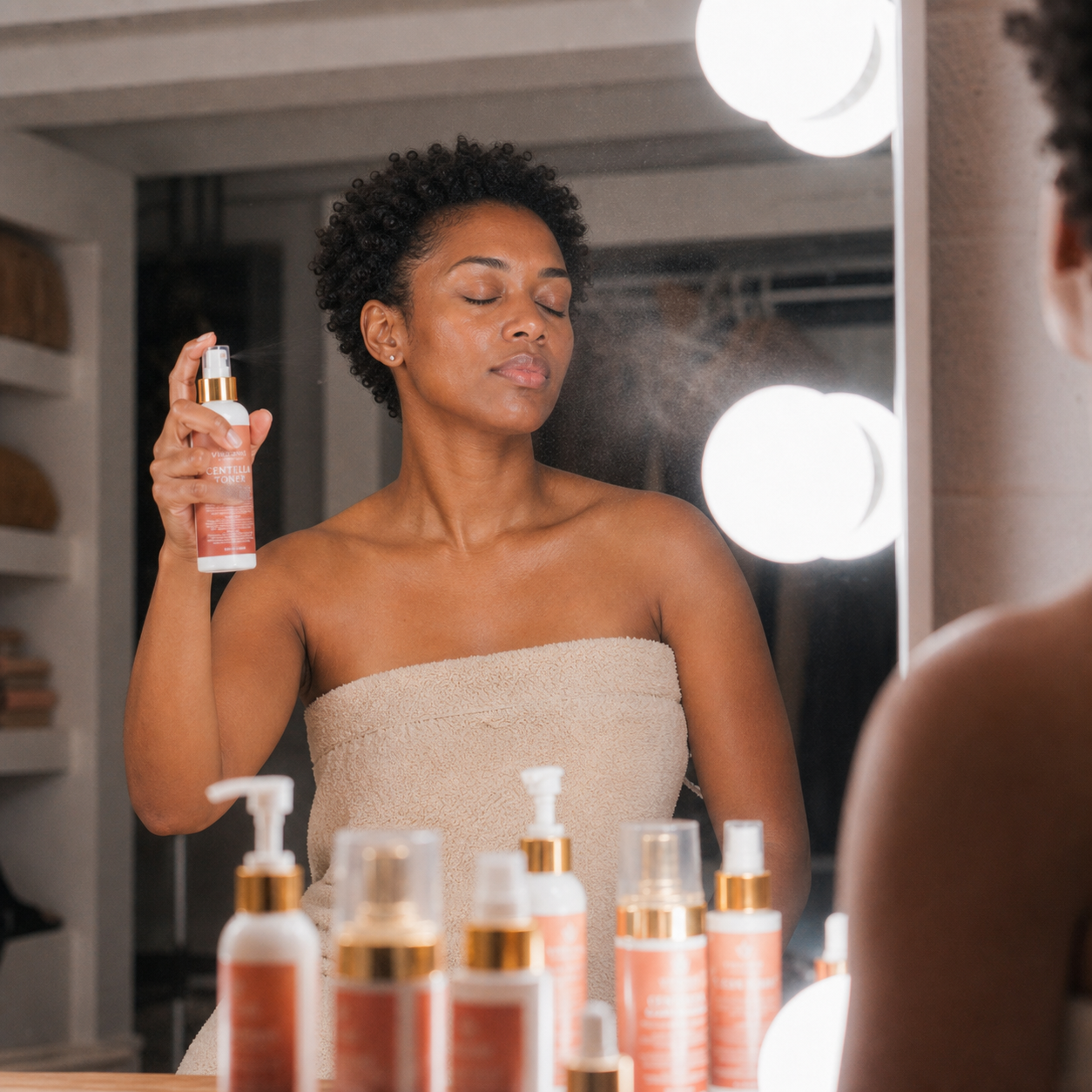 Centella Toner with model with short natural curls